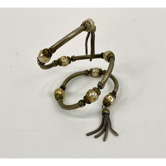Vtg MIRIAM HASKELL Baroque Pearl Beaded Gold Pl Tassels Fringe Wire Bracelet - Picture 1 of 11